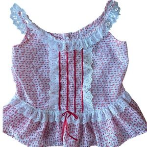 Vintage Kids Duds Ruffle Top Valentine White Red Hearts Lace‎ Trim Size 12M